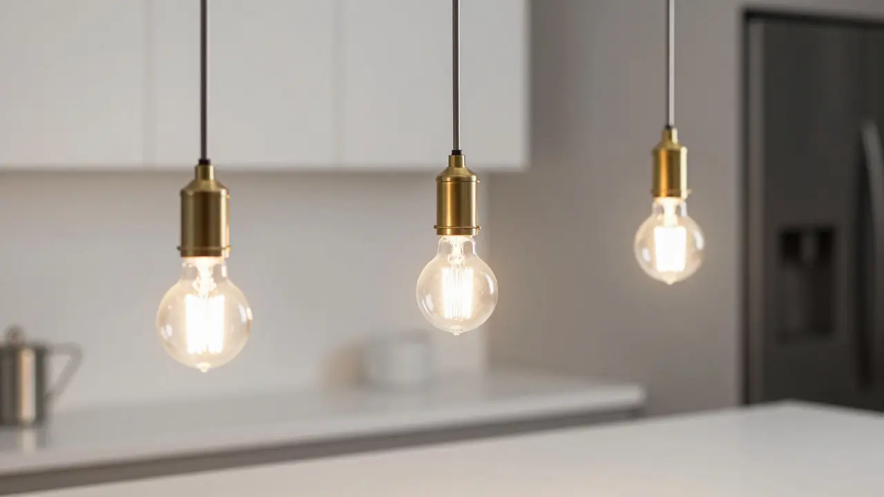 Tři průmyslové závěsné lampy nad kuchyňským ostrovem s jasným světlem