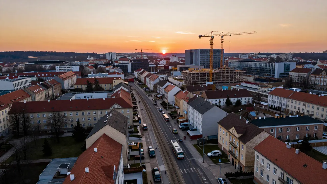 Vzdušný pohled na rozvíjející se městskou čtvrť s tramvajovou tratí a stavebními jeřaby