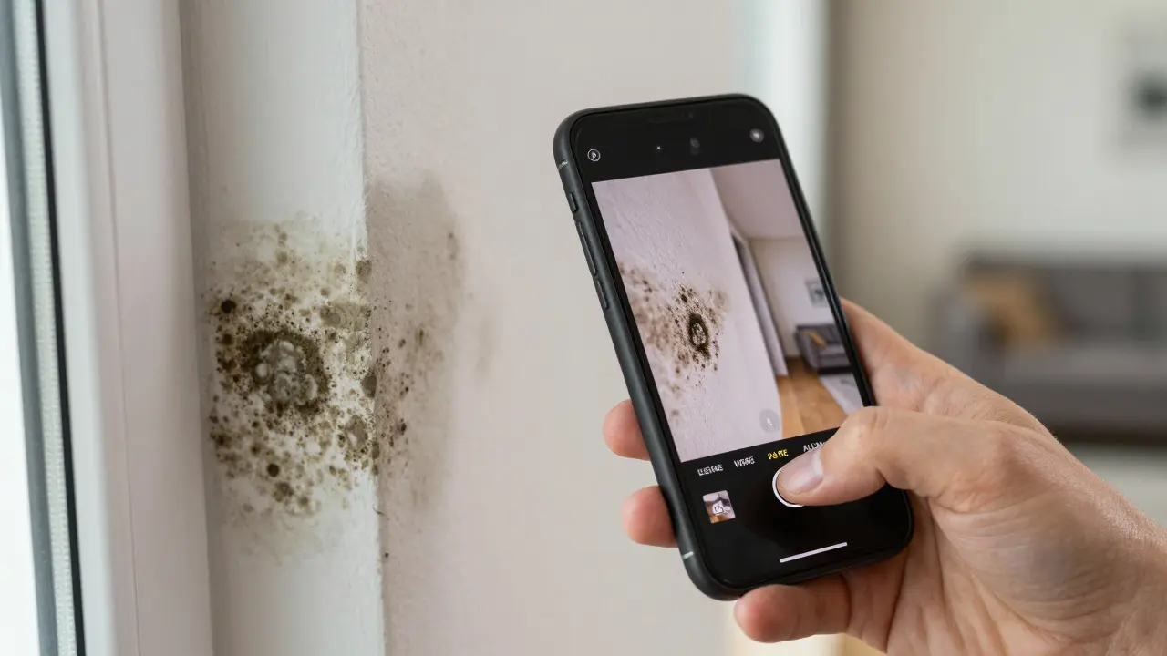 Záběr z mobilního telefonu dokumentující plíseň na stěně bytu