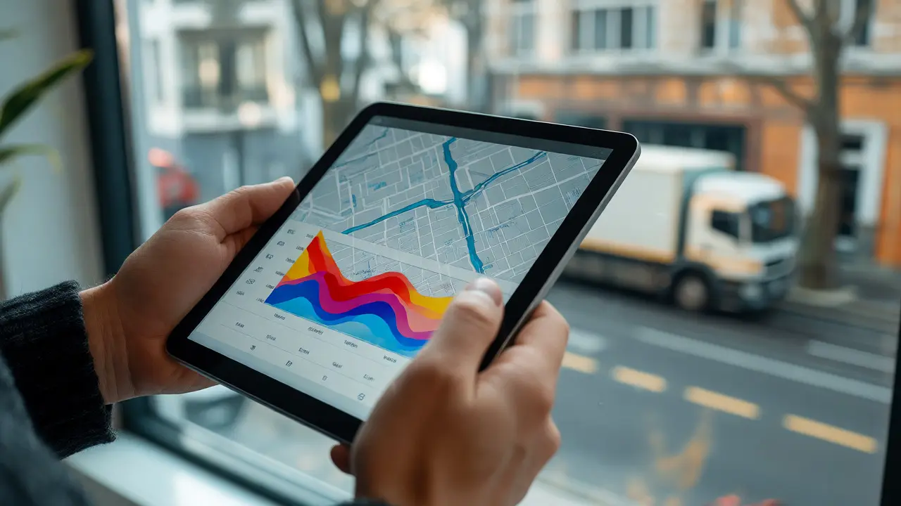 Člověk analyzuje barevnou mapu hluku na tabletu u okna bytu