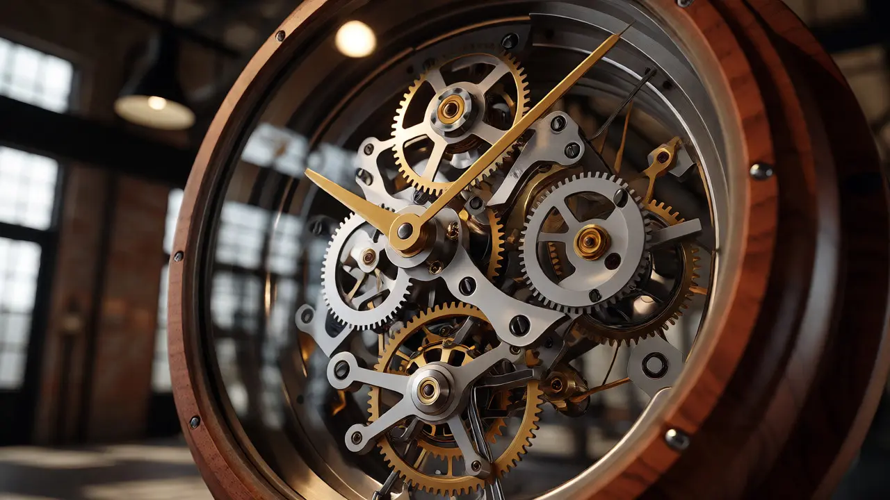 Detail mechanických hodin s viditelnými ozubenými koly