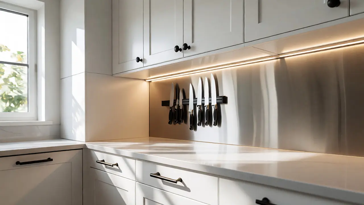 Detail nové úchytky a LED osvětlení pod skříňkami v upravené kuchyni