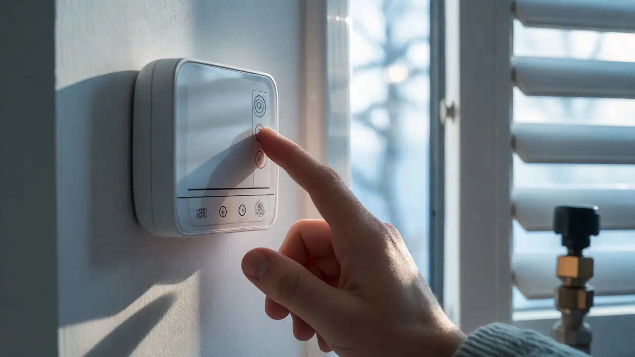 Digitální chytrý termostat na stěně vedle otevřeného okna