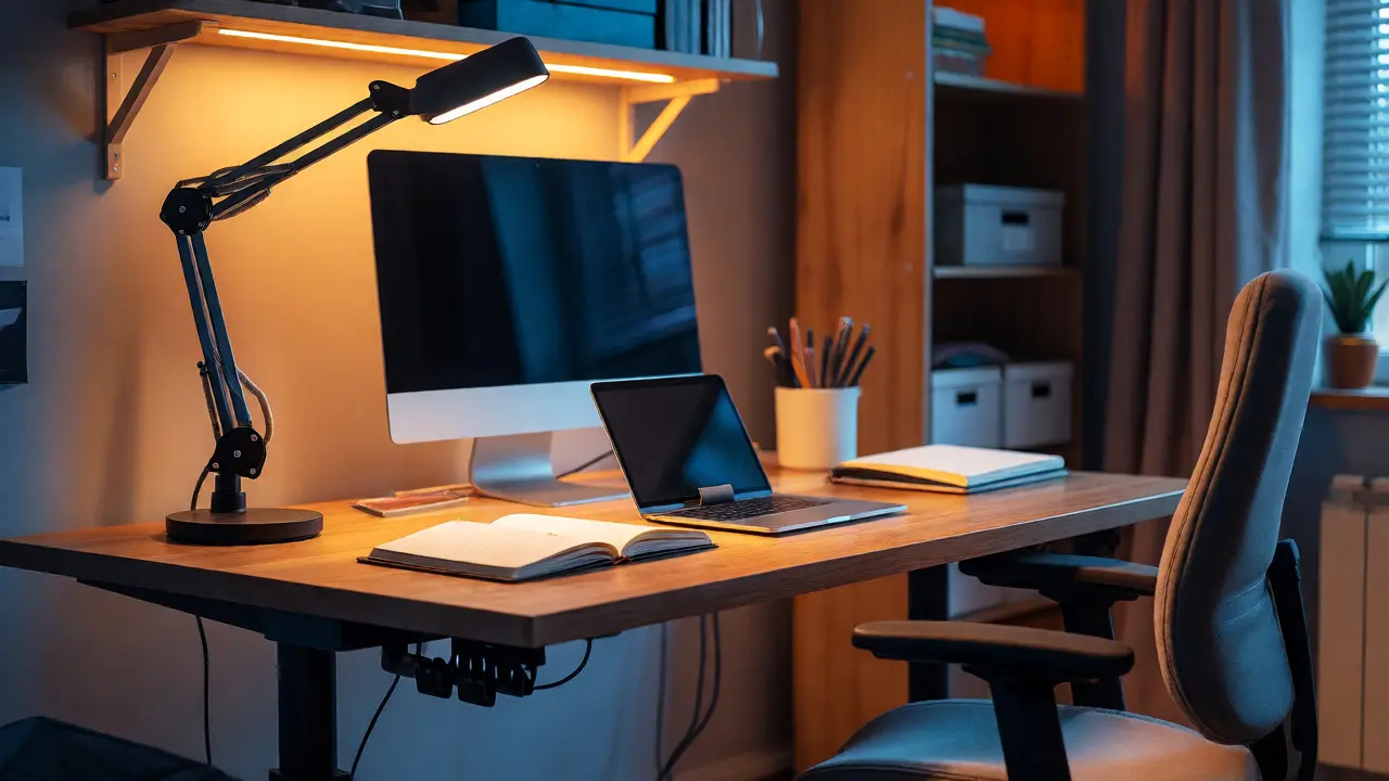 Ergonomický pracovní stůl s nastavitelným osvětlením a uspořádanými kabely v pokoji.