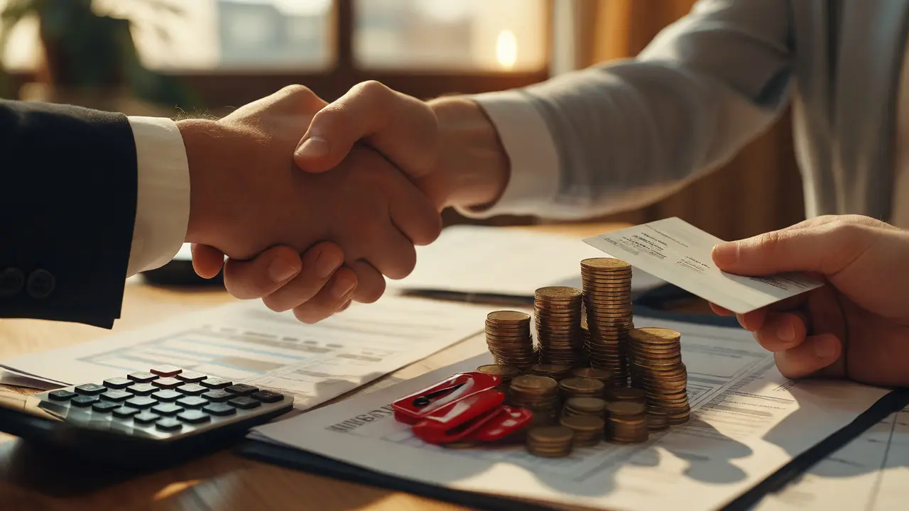 Podpis smlouvy o prodeji nemovitosti bez DPH, symbolizující finanční úsporu.