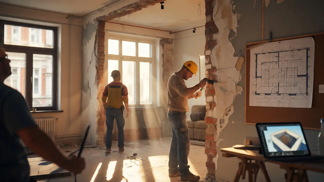 Rekonstrukce bytu bouráním příčky s projektem v pozadí