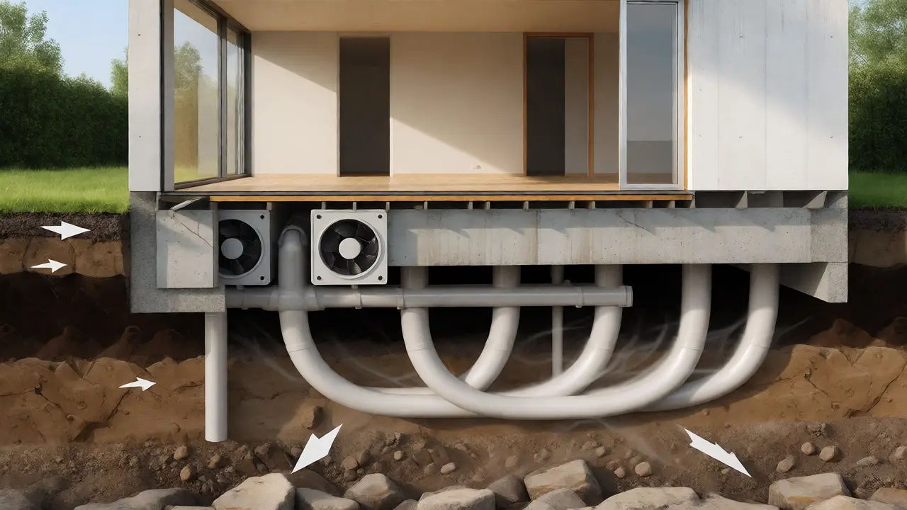 Řez základy domu znázorňující systém podtlakové ventilace proti radonu