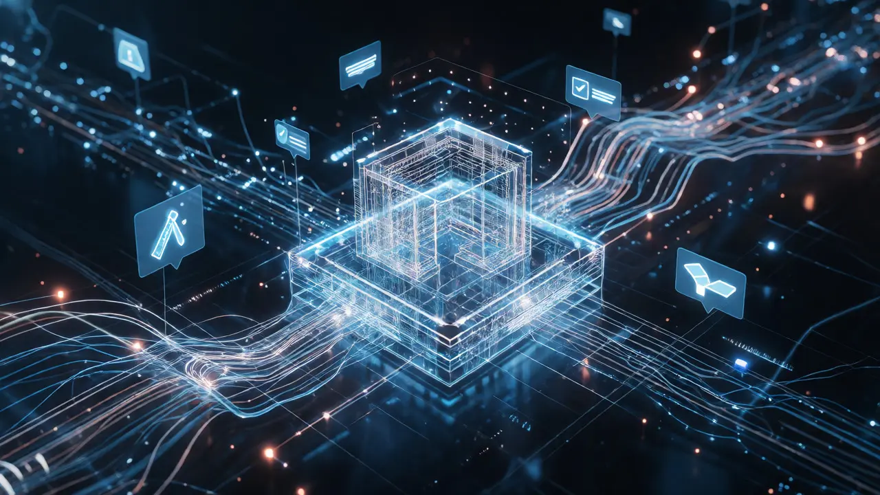 Abstraktní vizualizace Common Data Environment propojující různé disciplíny přes sdílená data.