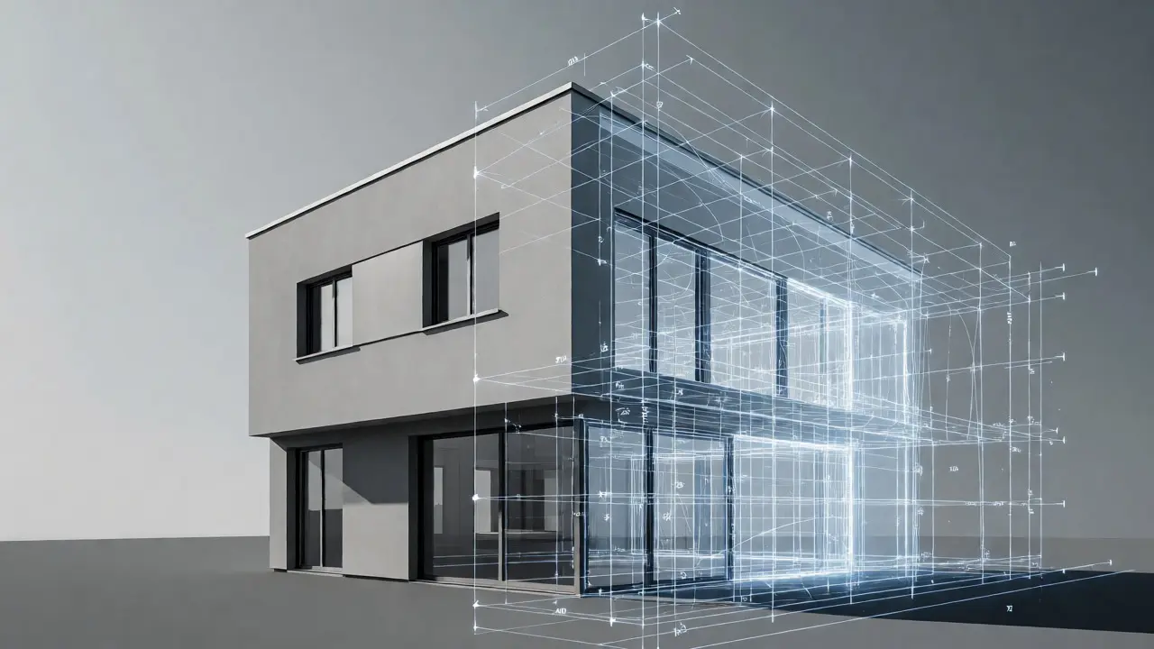 Architektonická vizualizace s technickými plány budovy