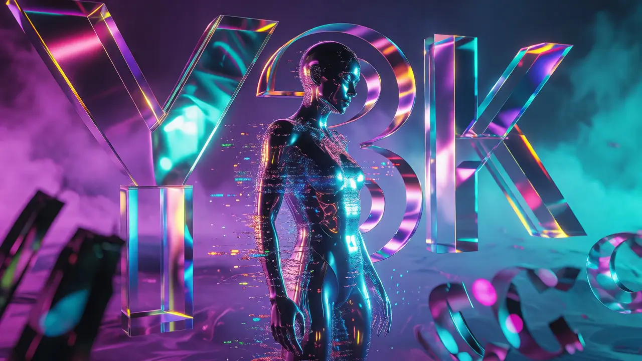 Chromová postava v neonovém Y3K prostředí s datovými proudy