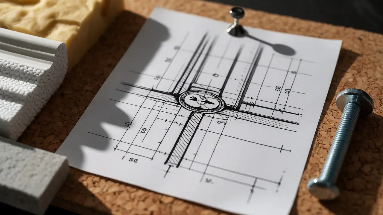 Detailní technický výkres uzlu okna vedle vzorků materiálů