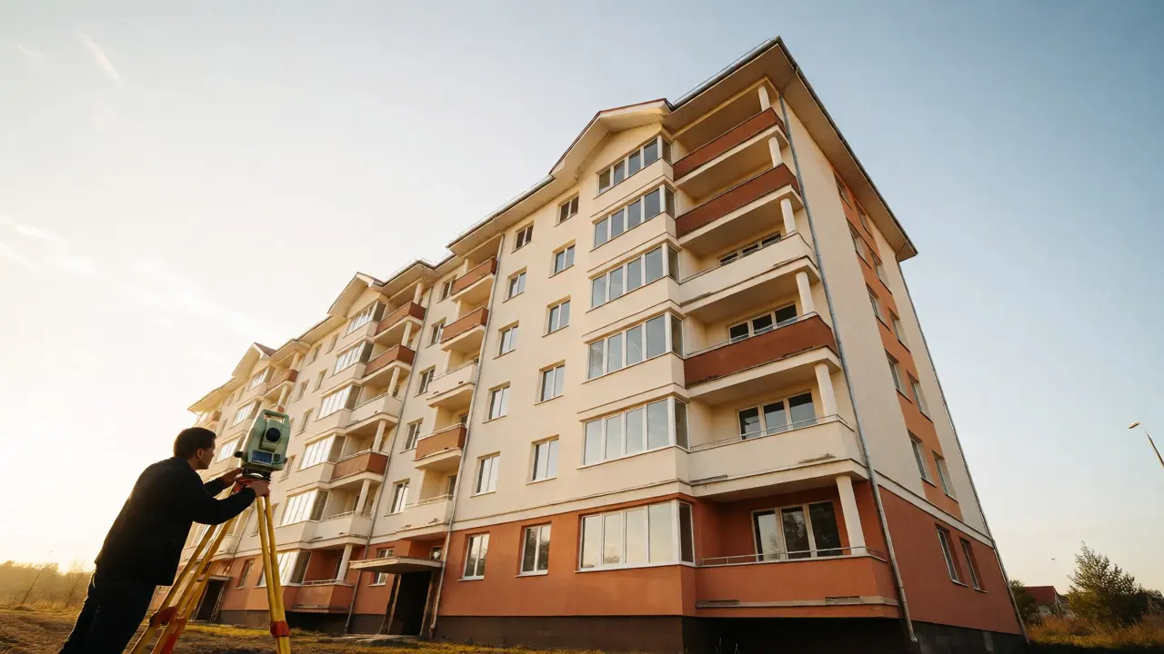 Geodet měří nově postavený dům pro katastr