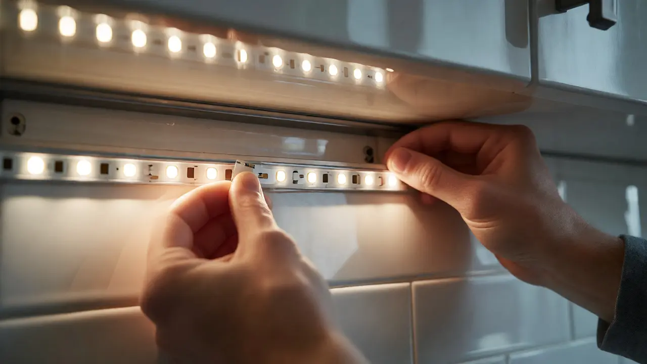 Instalace LED pásku pod kuchyňskou linku pomocí lepicí pásky bez nářadí