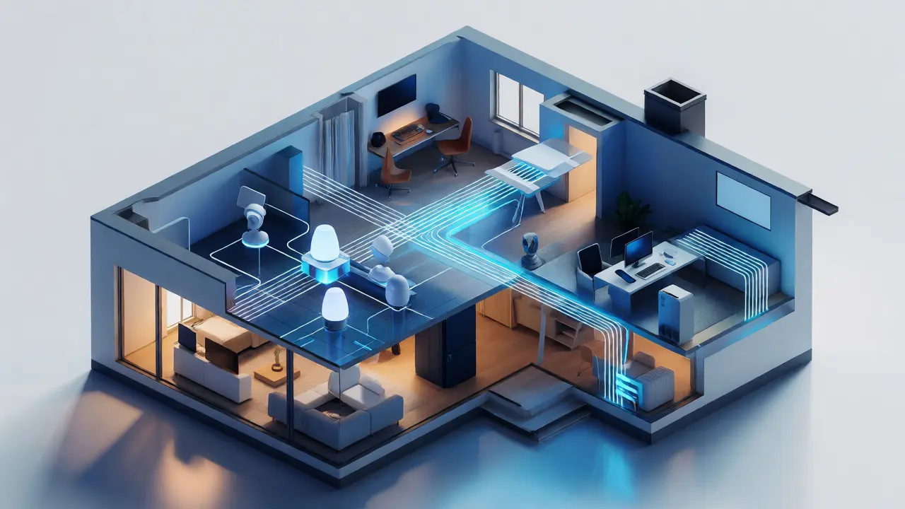 Izometrický řez domem znázorňující oddělené sítě IoT a osobních zařízení