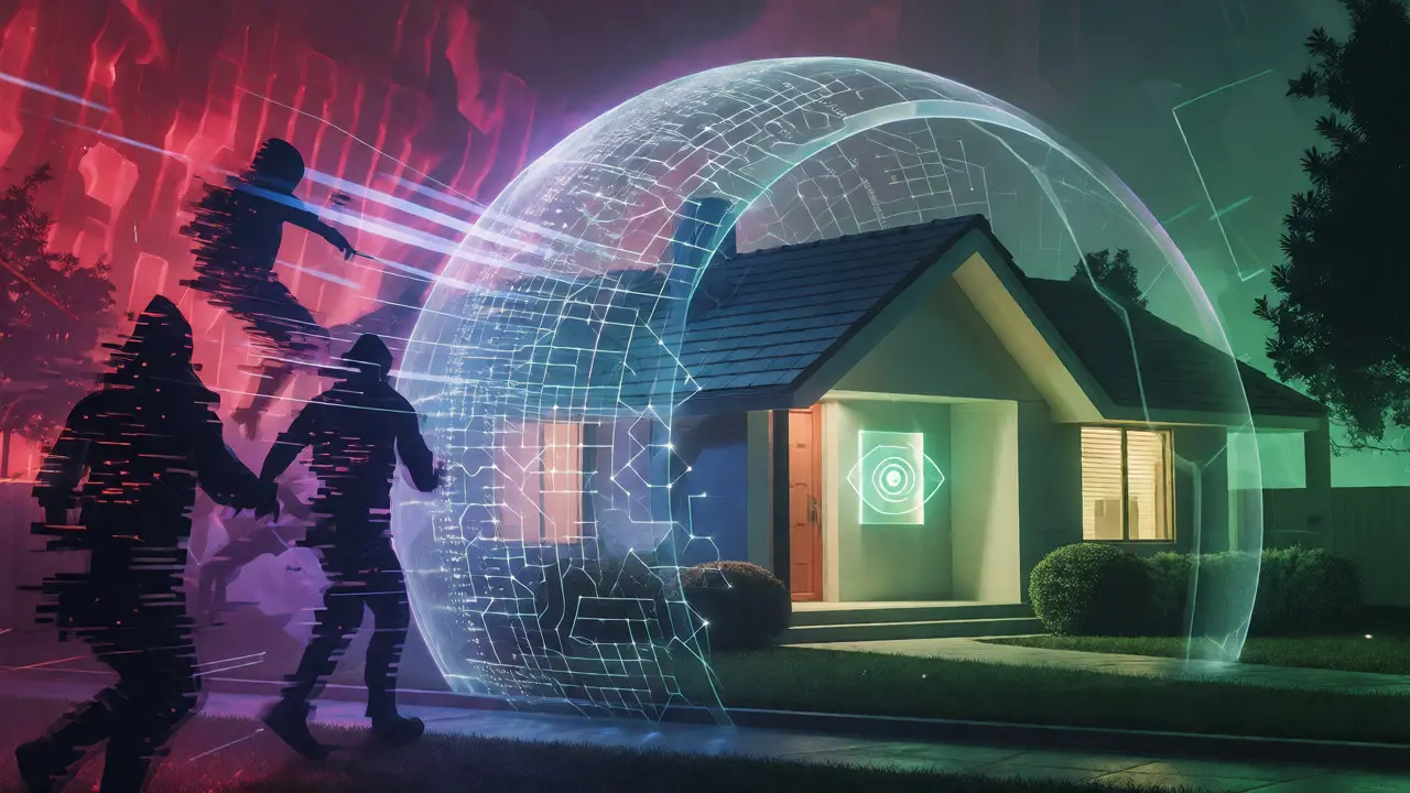 Konceptuální ilustrace AI štítu chránícího dům před kybernetickými útoky
