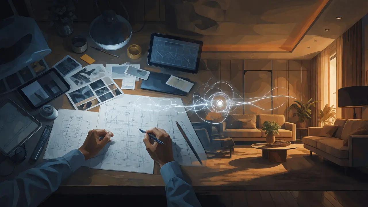 Konceptuální ilustrace propojující návrháře s realizovaným interiérem světelnou nitkou.