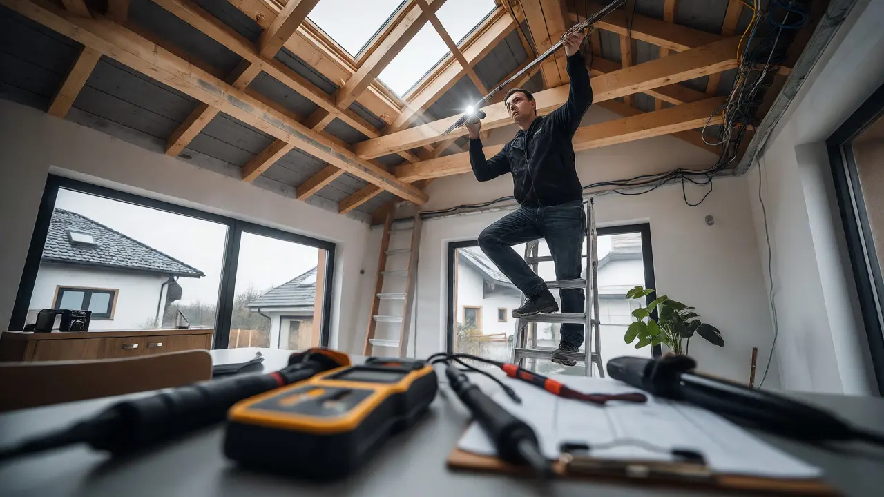 Profesionální kontrola střechy a elektroinstalace v rodinném domě s měřicí technikou.